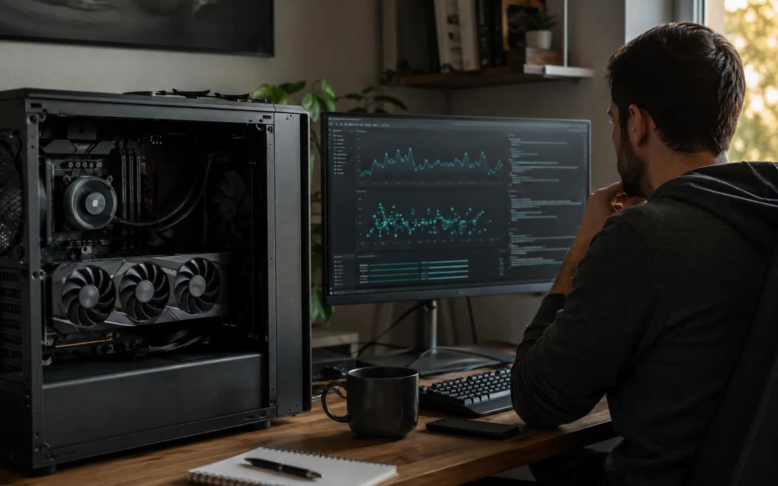 A developer reviewing a local AI benchmark beside an open desktop PC and its graphics card.